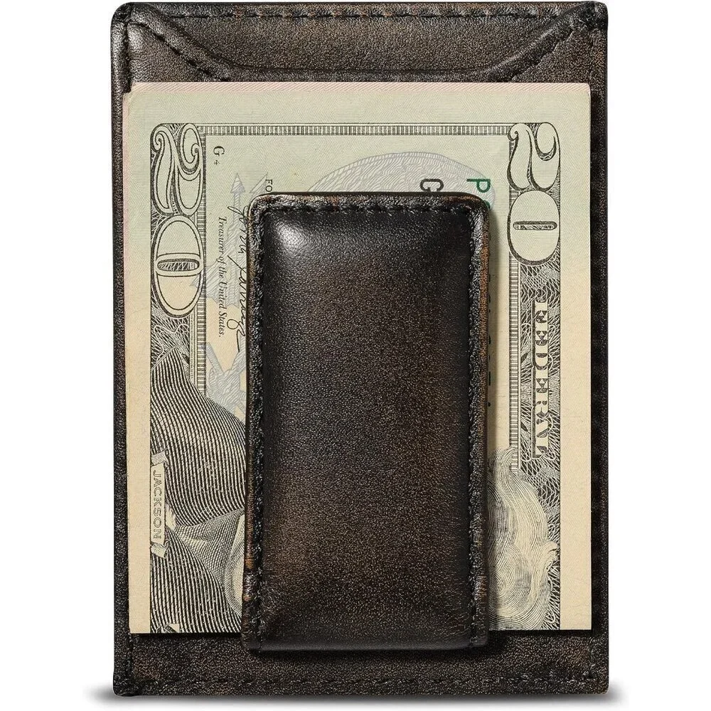 🆕Men Brown SKULL Front Pocket Wallet Money Clip Strong Magnetic Slim Wallet